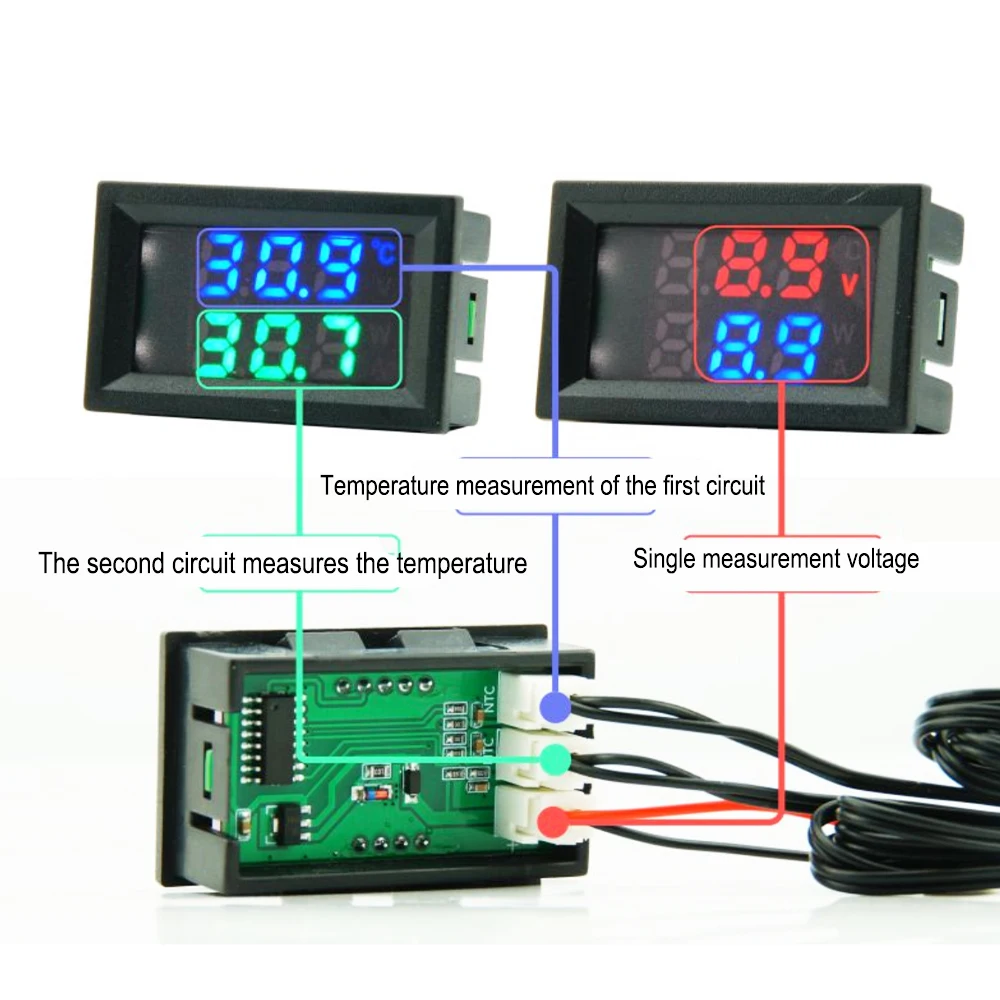 Digital Dual Display Voltmeter Meter DC4-30V Voltage Tester Temperature Sensor With 1m NTC 10K Probe Temp Detector