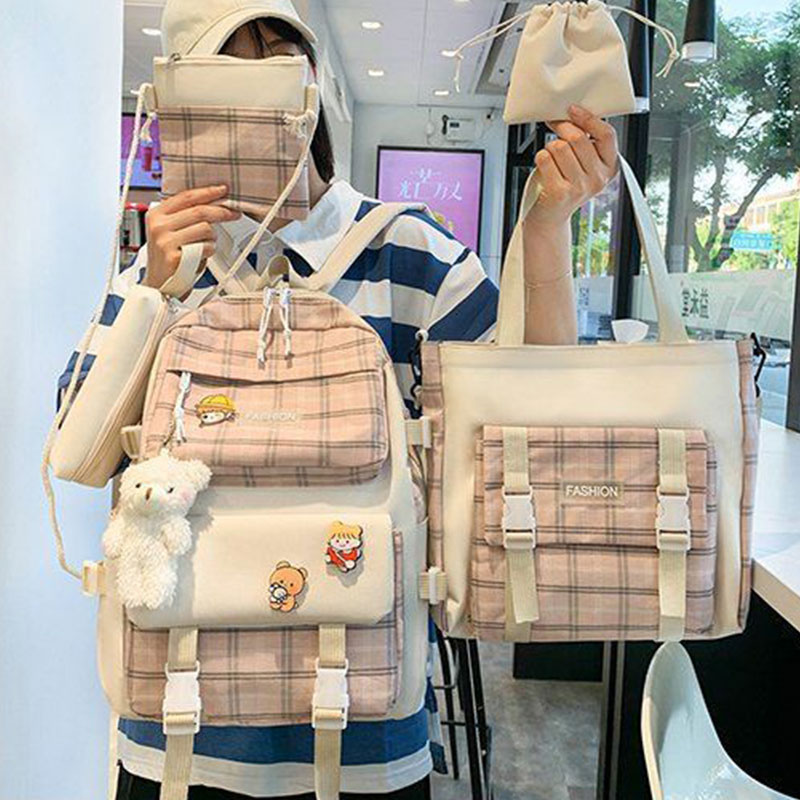 2023 New 5pcs Sets High School Backpack Kawaii Bookbag Laptop Bag For Girls Cute Printed Student Bag Travel Backpack mochilas
