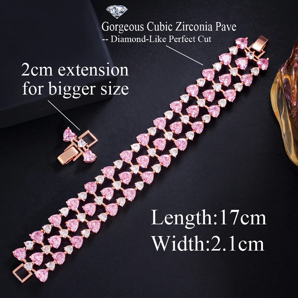 ThreeGraces High Quality Pink Cubic Zirconia Rose Gold Color Love Heart CZ Bridal Wedding Bracelet for Women Prom Jewelry BR307
