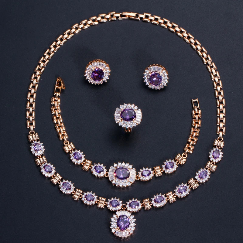 Three layer Dubai gold purple oval Austrian crystal 4-piece wedding engagement jewelry set 241031
