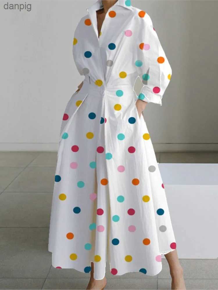 Urban Sexy Dresses Autumn Dress Long Slave Dot Printed Elegant Womens Long Dress 2023 White Casual V-neck Shirt Party Long Dress Robe Womens Y240402