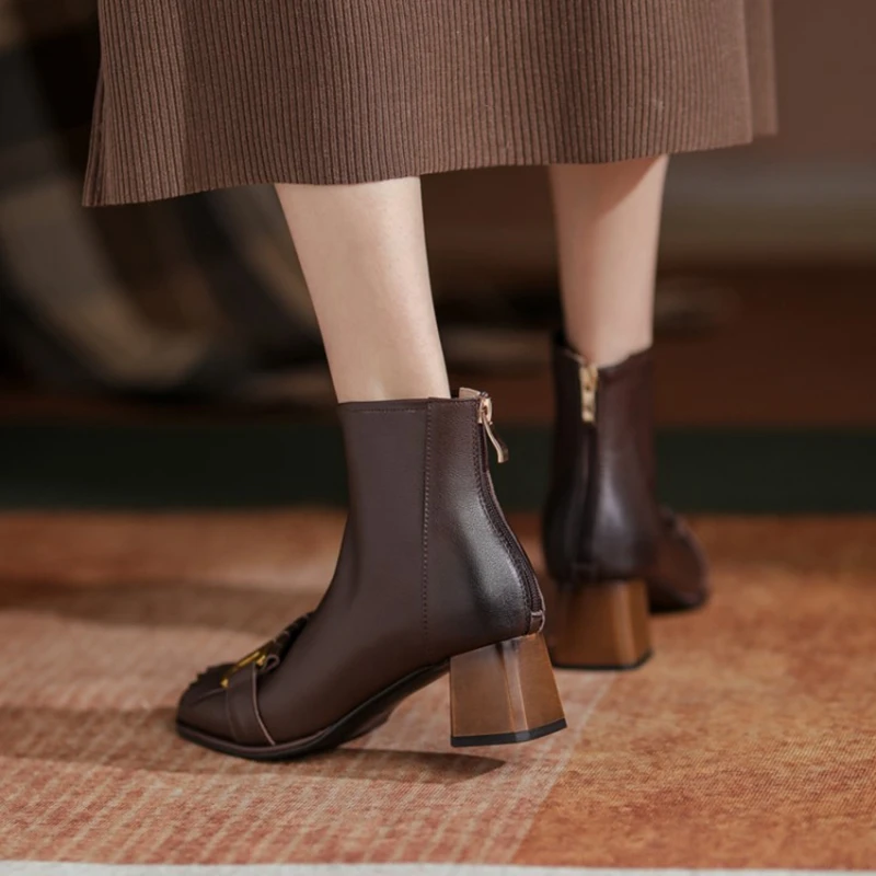 SALE HOT Tassel Metal Buckle Cute Genuine Leather for Short Chunky Boots Black Women Shoes e07c