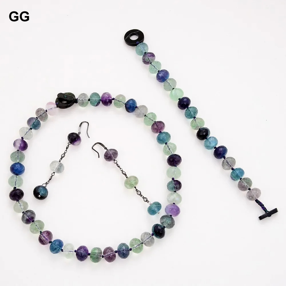 GG Natural Green Purple Facial Rondelle Fluorite Gemstone Necklace Bracelet Earring Set 241031