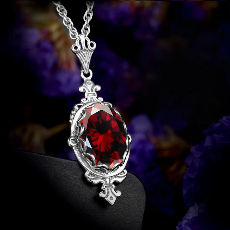 Solid 925 Sterling Silver Garnet Necklace Pendant For Women Stone Statement Wedding Vintage Jewelry Gifts Christmas Trendy