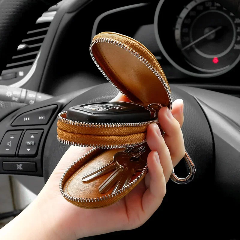 for Genuine Leather Keycase Men's Double-layer Zipper Car Keycase with Retro Top Layer Cowhide Keycase Keychain Wallet smile