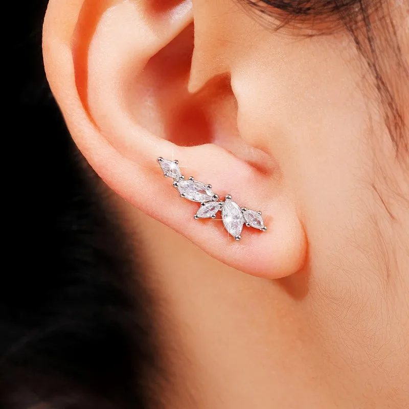 Huitan Simple Stylish Leaf Stud Earrings with Crystal Cubic Zirconia Exquisite Women Ear Piercing Accessories Versatile Jewelry