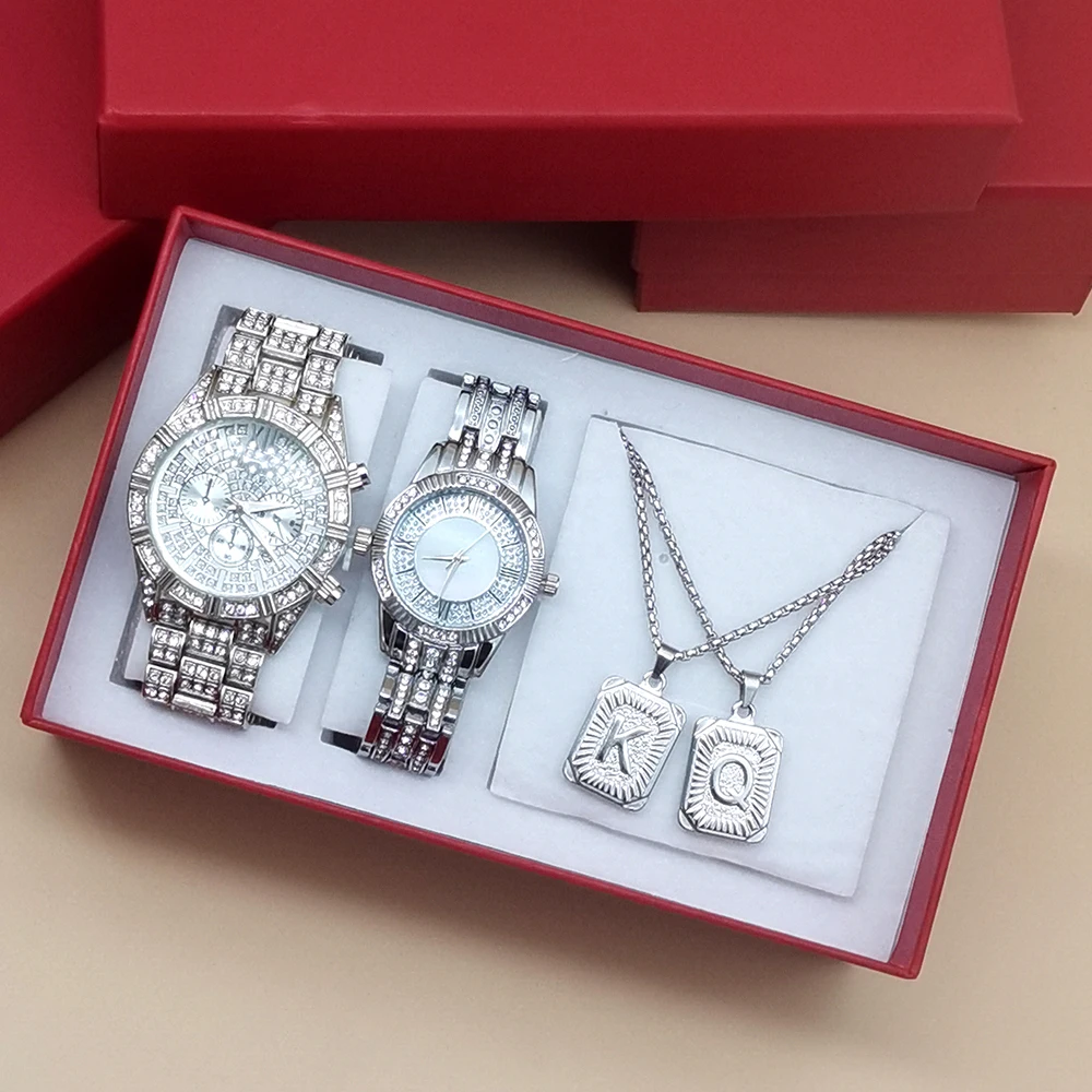 4Pcs Hip Hop Couple Watch Set For Luxury Men Women Stylsih Ice Out Diamond Watches With Necklaces For Lover's Valentine's Day