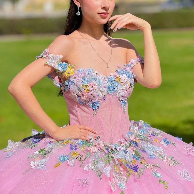 Pink Shiny Quinceanera Dresses Ball Gown Sweetheart Applique Lace Beading Bow Tulle Lace-Up Backless Party Princess Sweet 16 Dress Vestidos De 15 anos