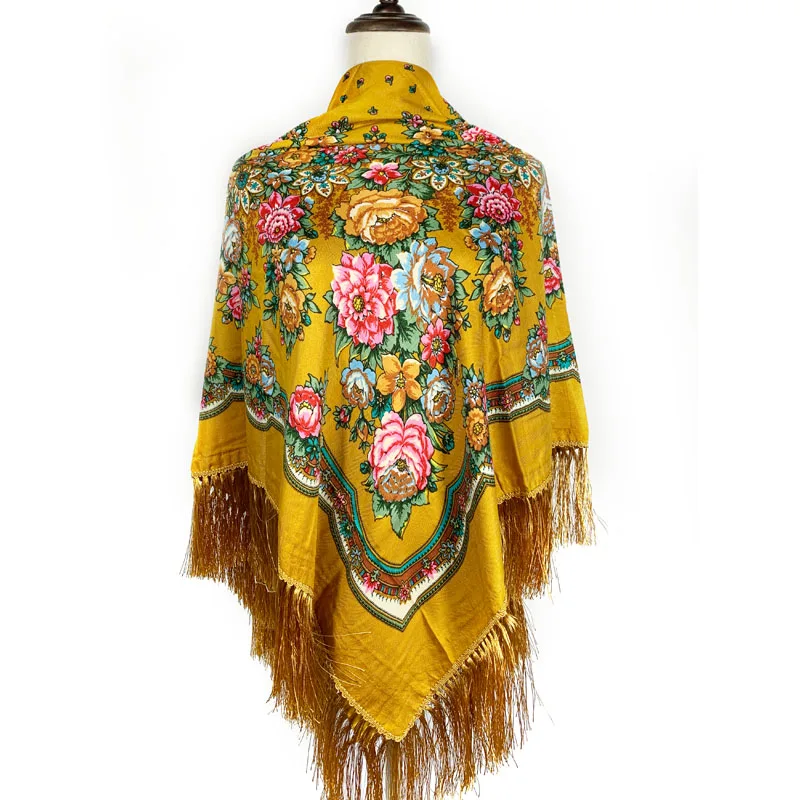 Russian Fringed Shawl Ukraine Babushka Square Bandana Head Scarf Female Hijab 2023 Women's Traditional Floral Printing Scarf