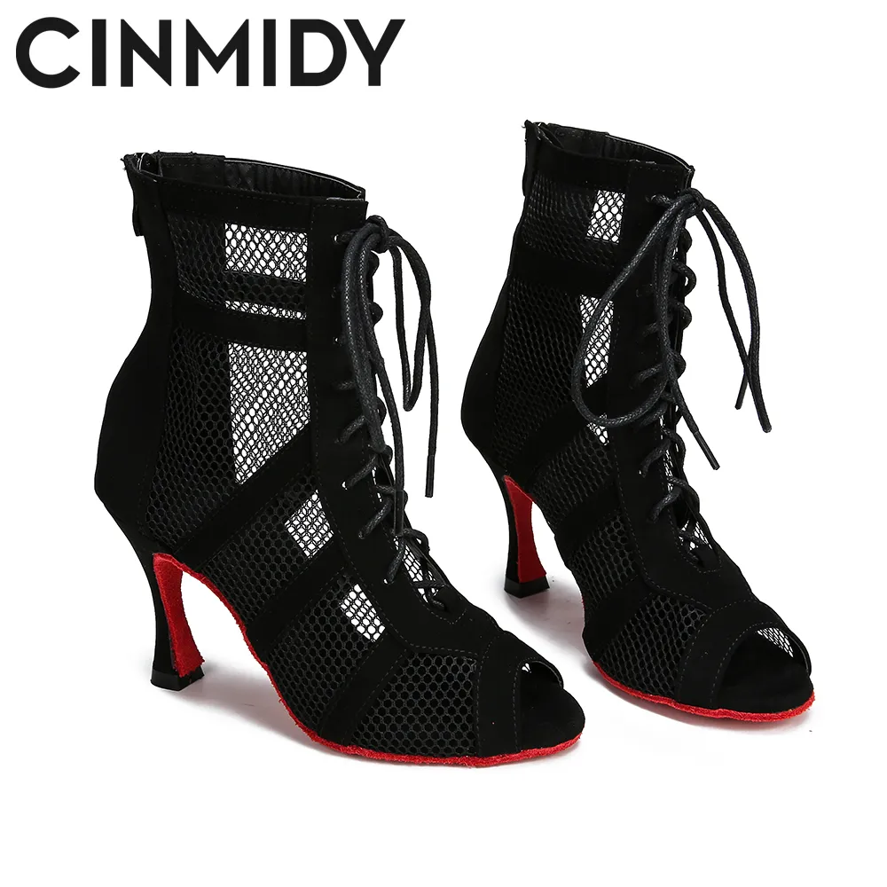 CINMIDY Lace Up Dance Shoes Women's Red Sole Latin Dance Shoes Black Ballroom Dance High Heels Tango Modern Jazz Dance Boots