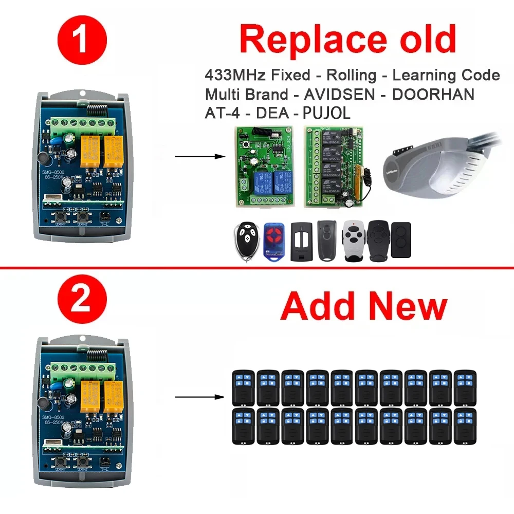 Remote Control Switch Receiver 433MHz 433.92MHz Universal RF Receiver AC/DC 7-32V 85-250V 2CH Relay Module For Garage Gate Door