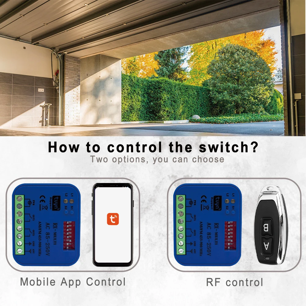 Rx Multi 433 a 868 Mhz Smart Opening Door Garage Controller Wifi Receiver 2CH Tuya Remote Control Switch 12V 24V 220V SMG-8122