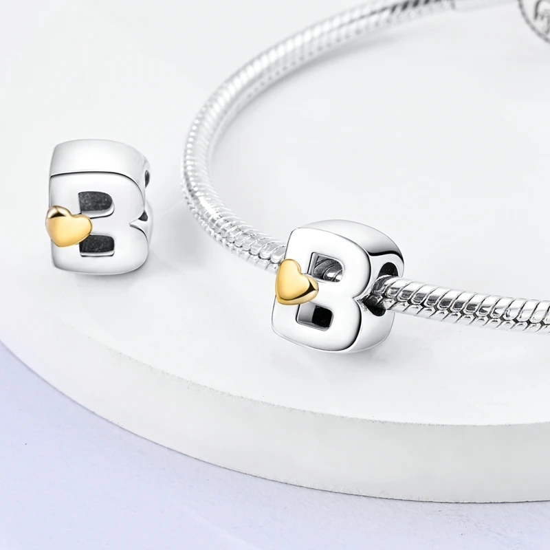 MULA 925 Sterling Silver Letter 26 Alphabet A-Z Heart Charms Beads Fit Original Pandora Charms Bracelet Necklace DIY Jewelry
