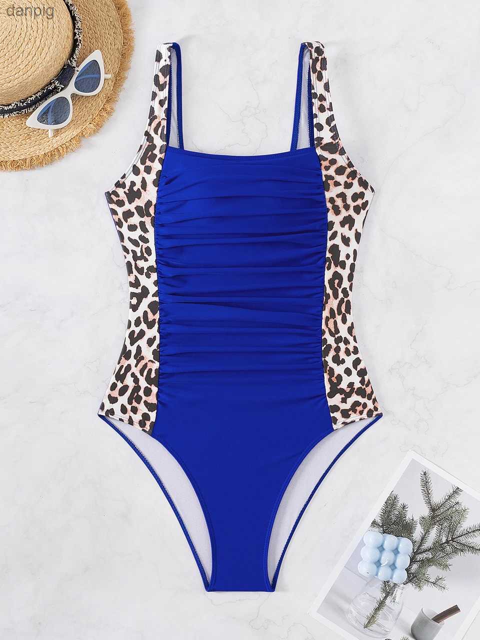 Women's Swimwear One Piece Leopard Swimsuit 2024 Women Slim Ruched Swimwear Women Backless Beach Bather Suit Female Bathing Swimming Bodysuit 2xl
