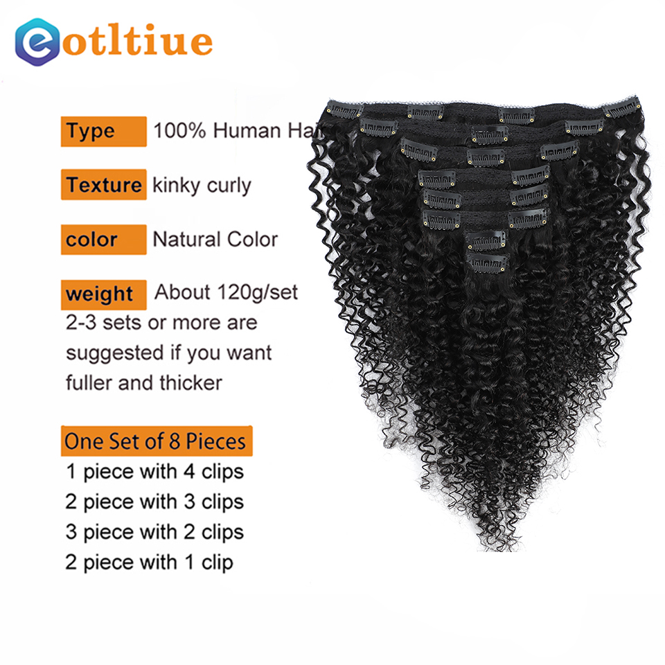 #4 Chocolate Brown Kinky Curly Clip Ins Human Hair Extensions 4C Full Head Brazilian Natural Black Color Hair 120G/Set For Women