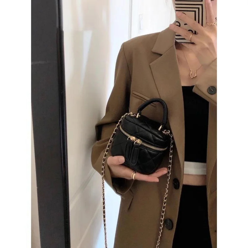 Fashion Rhombus Plaid Shoulder for Women Square PU Leather Makeup Lipstick Toiletry Organizer Box Black Cross Body Bags