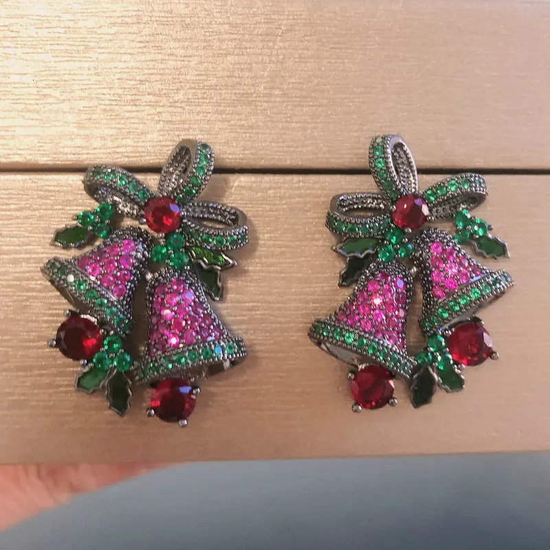 Bilincolor Red and Green Cubic Zirconia Fashion Bell Womens Christmas Earrings 241031