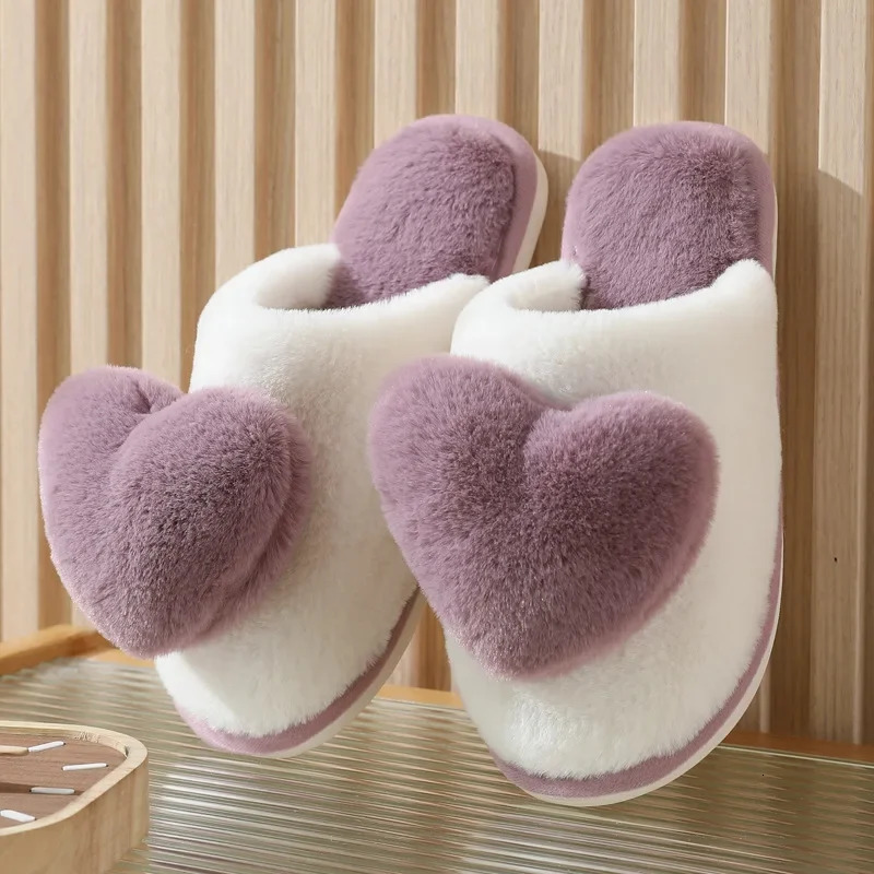 Heart shaped slider womens fashionable and funny cotton shoes plush warm soft bottom indoor bedroom slider womens winter fur slider 241031