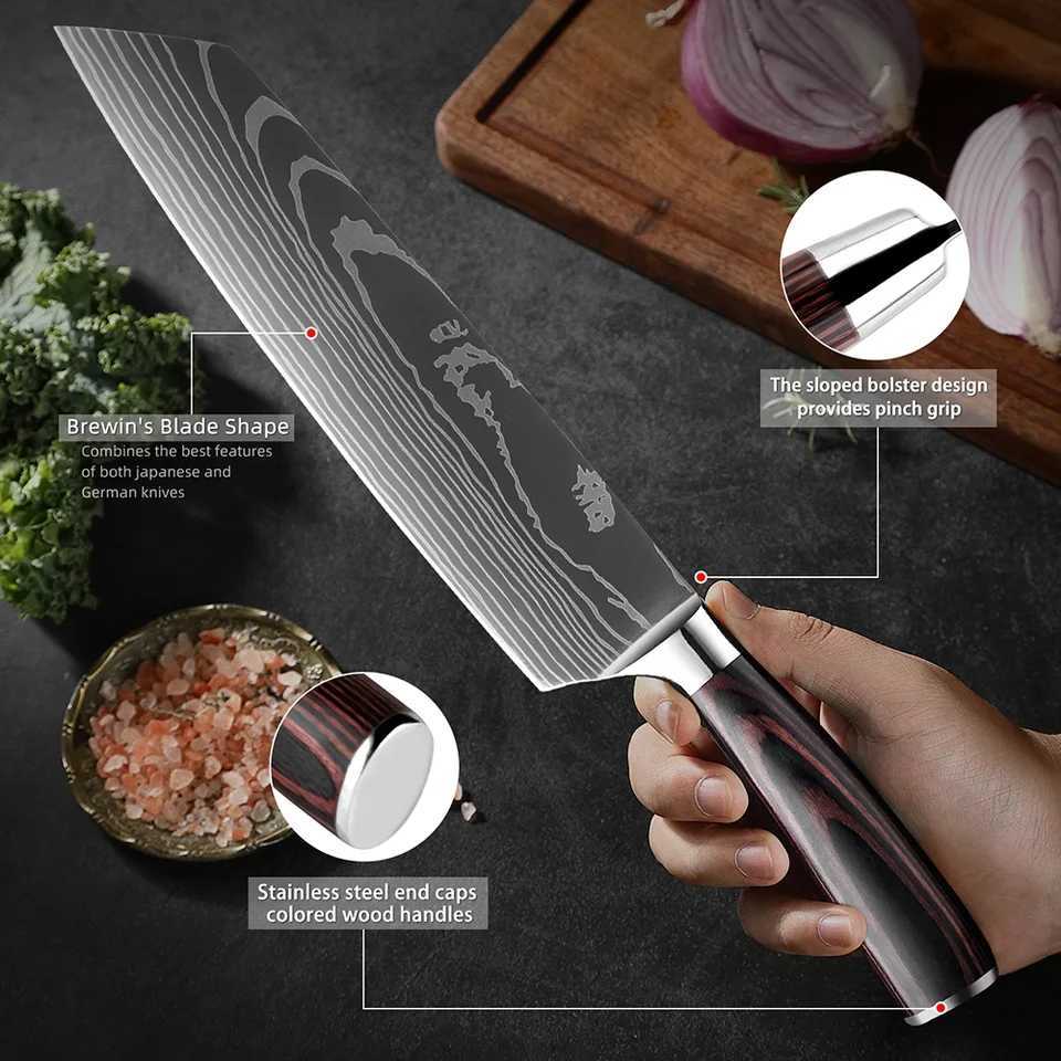 Professional kitchen knife set 1-9 pieces Sharp chef knife Santoku fruit knife 7Cr17MOV stainless steel ergonomic wooden handle X241102