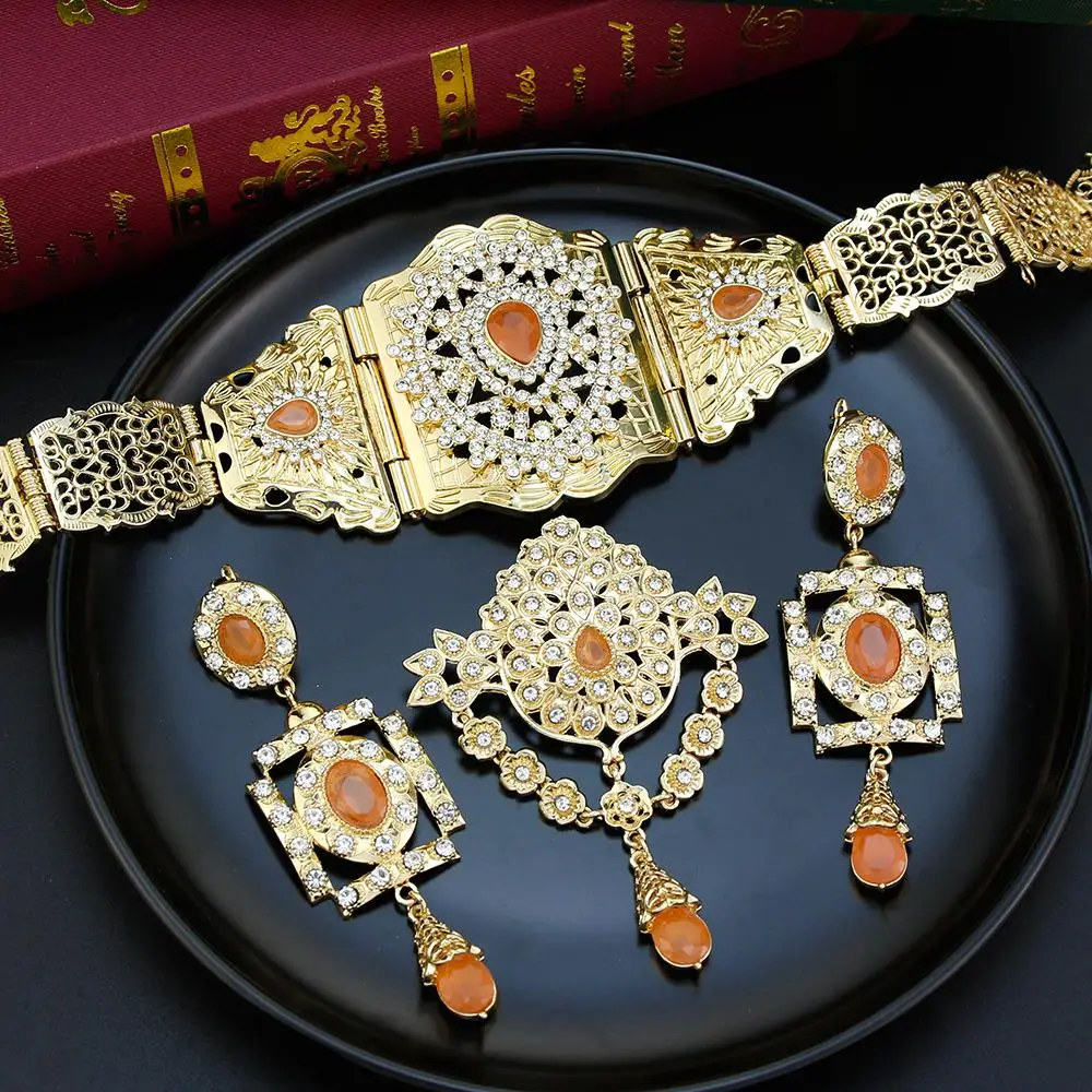 Sunspicems Morocco Bride Jewelry Sets Gold Color Orange Crystal Brooch Women Earring Caftan Waist Chain Belt Wedding Jewelry