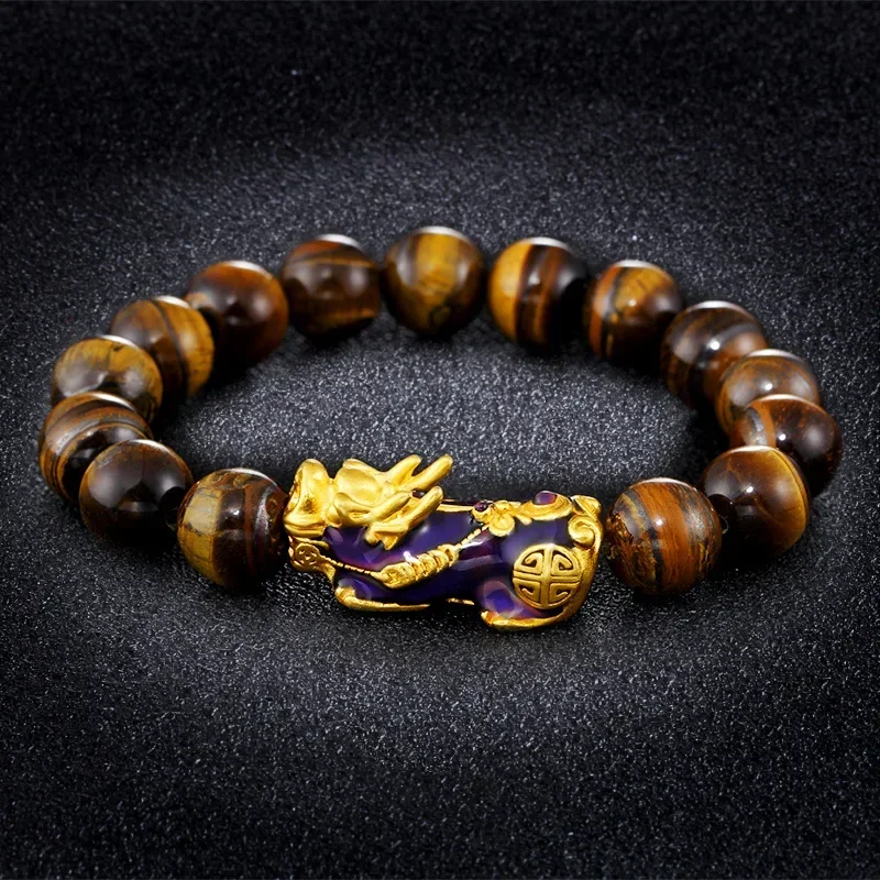 Natural Tiger Eye Beaded Mens Bracelet With Brave Troops Thermochromic Pixiu Charm Strand Bracelets Handmade Jewelry
