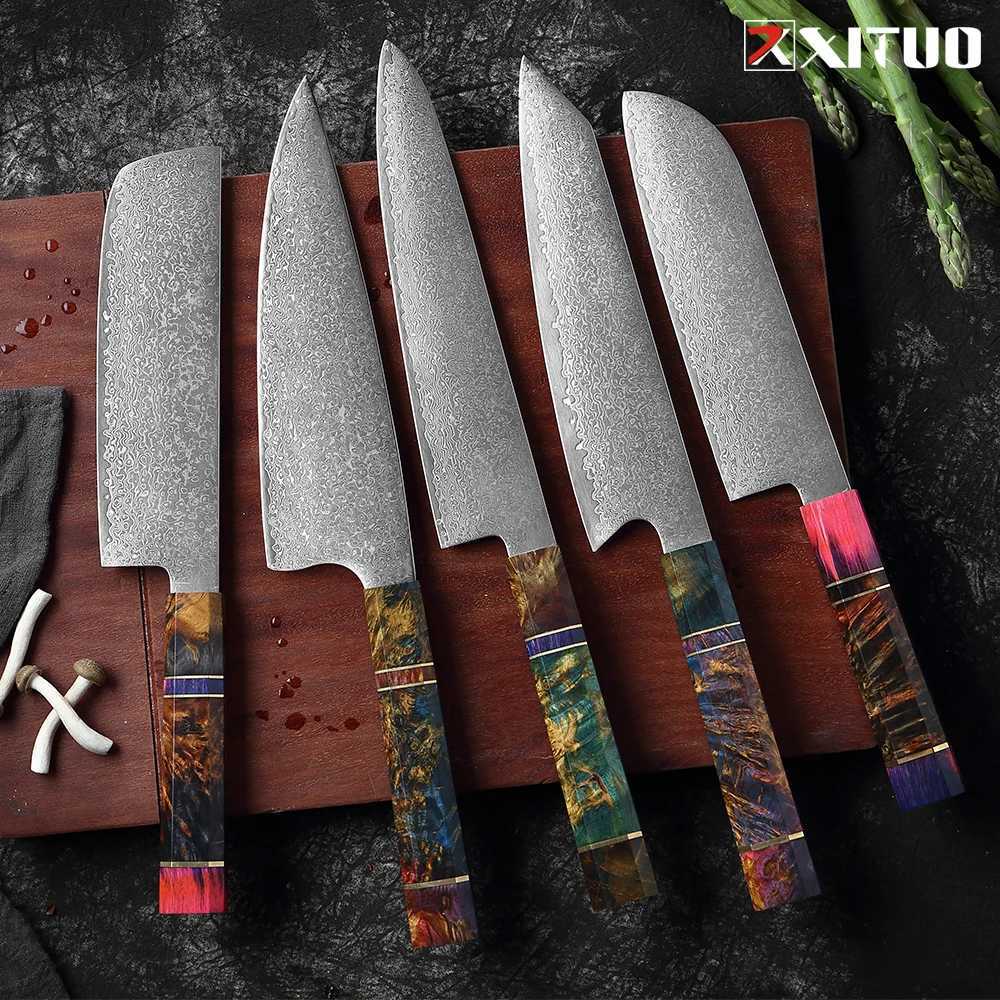 XITUO Damascus Kitchen Knife Set Chef Nakiri Knife 67 Layers Japanese Damascus Steel Chef Knife Sharp Blade Colorful Wood X241102