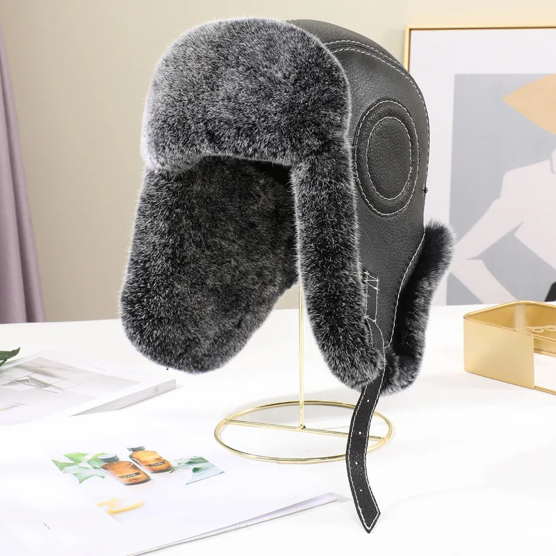 Fashion Mens Genuine Rex Rabbit Fur Bomber Hat Wusanka Hat Hunter Russian Mens Ski Hat Genuine Sheepskin Winter Warmth 241031