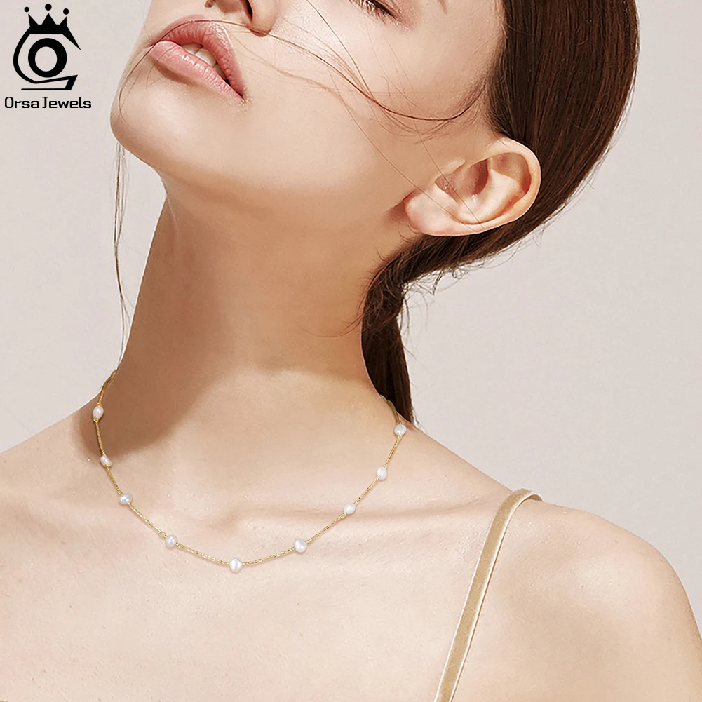 ORSA JEWELS 925 Sterling Silver Natural Baroque Pearl Choker Necklaces for Women Handmade 14K Gold Chain Necklace Jewelry GPN19