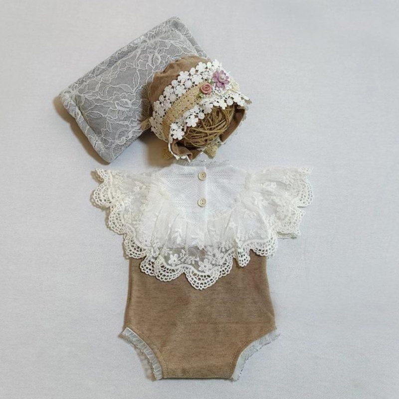 Lace Romper and Hat Set Lovely Newborn Baby Photography Props Infant Girls Bodysuit Shower Gift for 0-1 Months