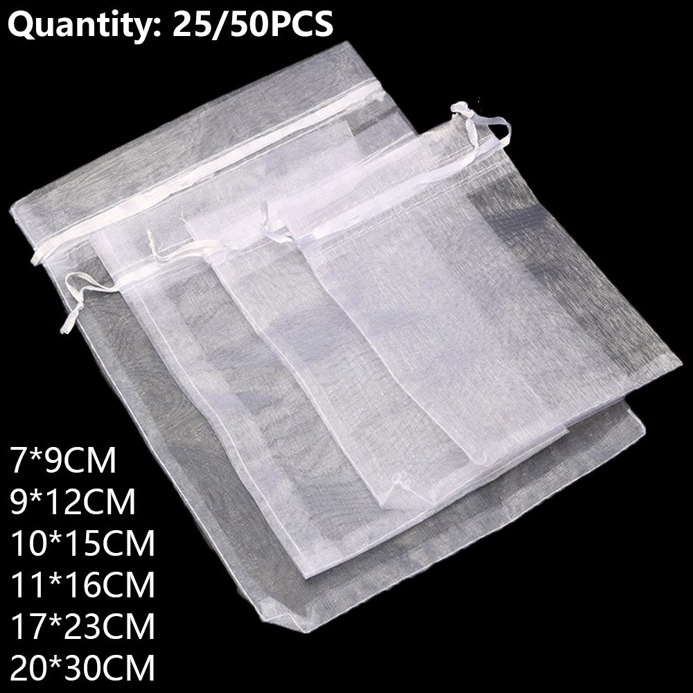 25/50PCS Drawable Party Supply Wedding Christmas Favor White Pouches Organza Gauze Sachet Gift Bags Drawstring Pocket
