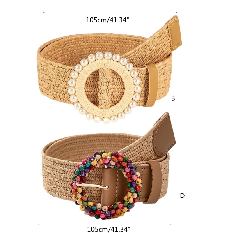 Boho-style Handwoven Belt for Women Vintage Straw Belts Colorful Round Buckle Waist Belt for Female Waist Accessories
