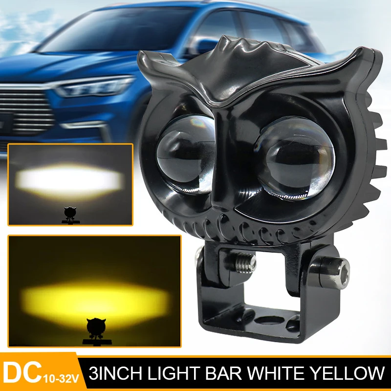 LED Lens Spotlight Dual Color White Yellow Light Owl Auxiliary Fog Lamp Double Lenses Spotlights For Motorcycle ATV Buggy Car