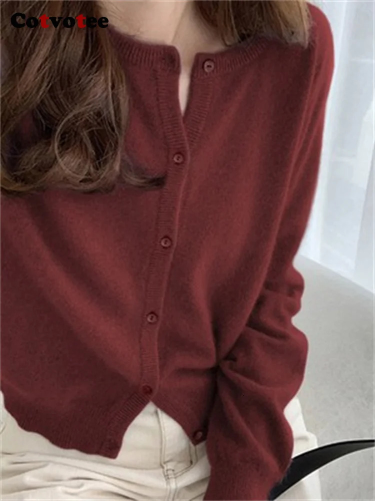 Womens knitted cardigan wool sweater Korean fashion button up basic slim fit sweater elegant and unique autumn and winter navy blue gray Mu top 241031
