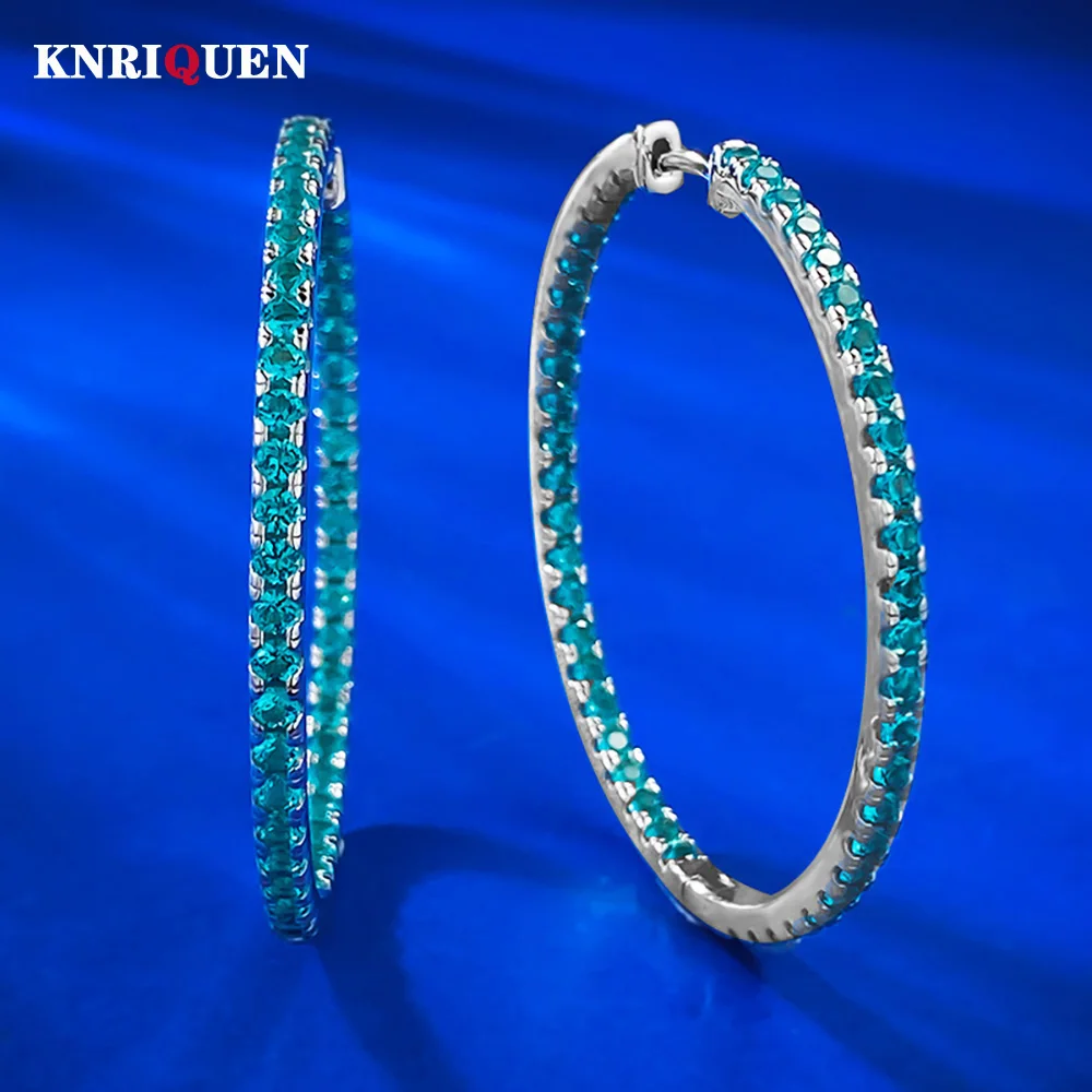 Luxury 100% 925 Solid Silver Blue-Green Tourmaline Hoop Earrings for Women Retro Gemstone Wedding Party Fine Jewelry Lady Gift