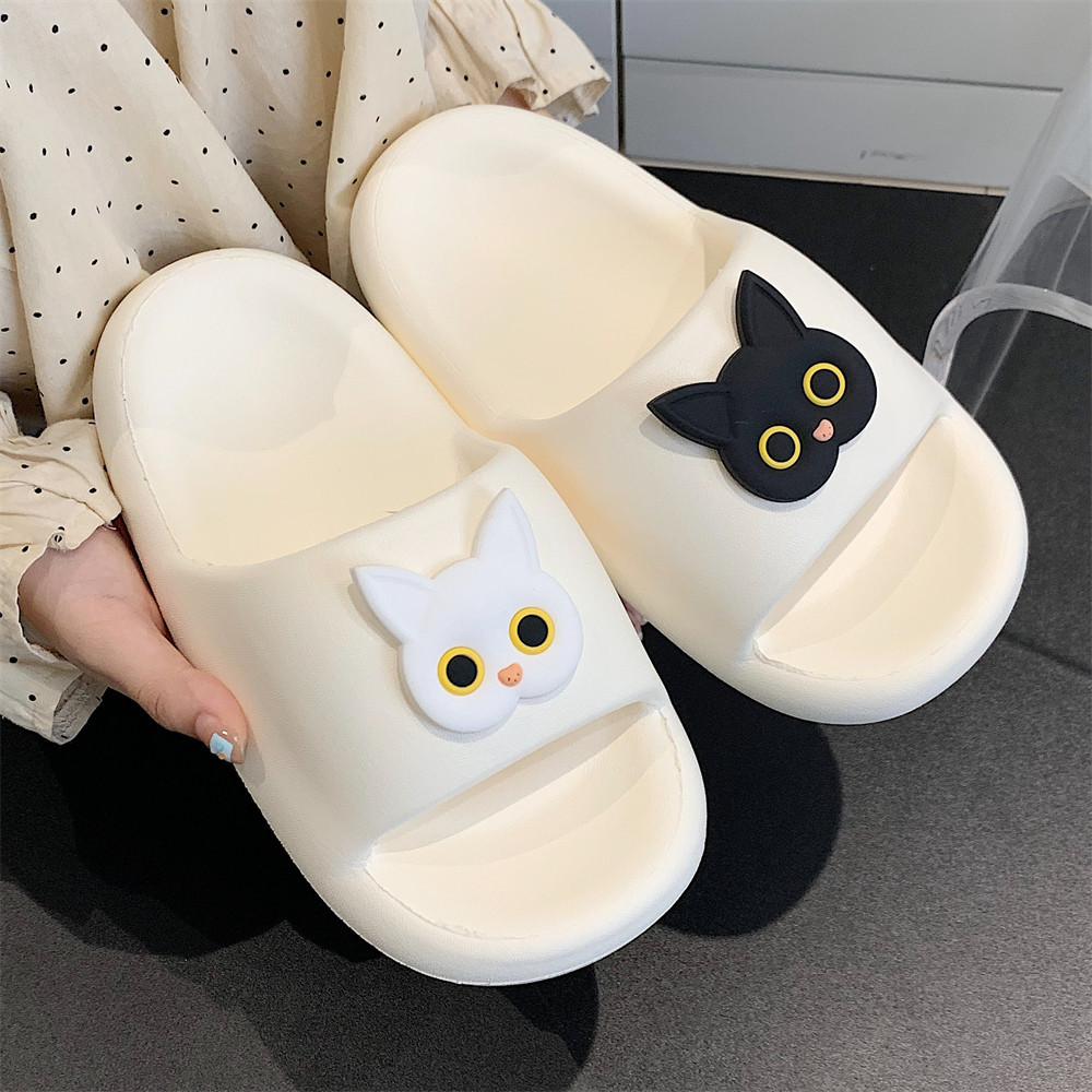 Soft bottom home summer slippers female cartoon slippers three-dimensional soft cute fun black and white kitten indoor street sandals girl slippers