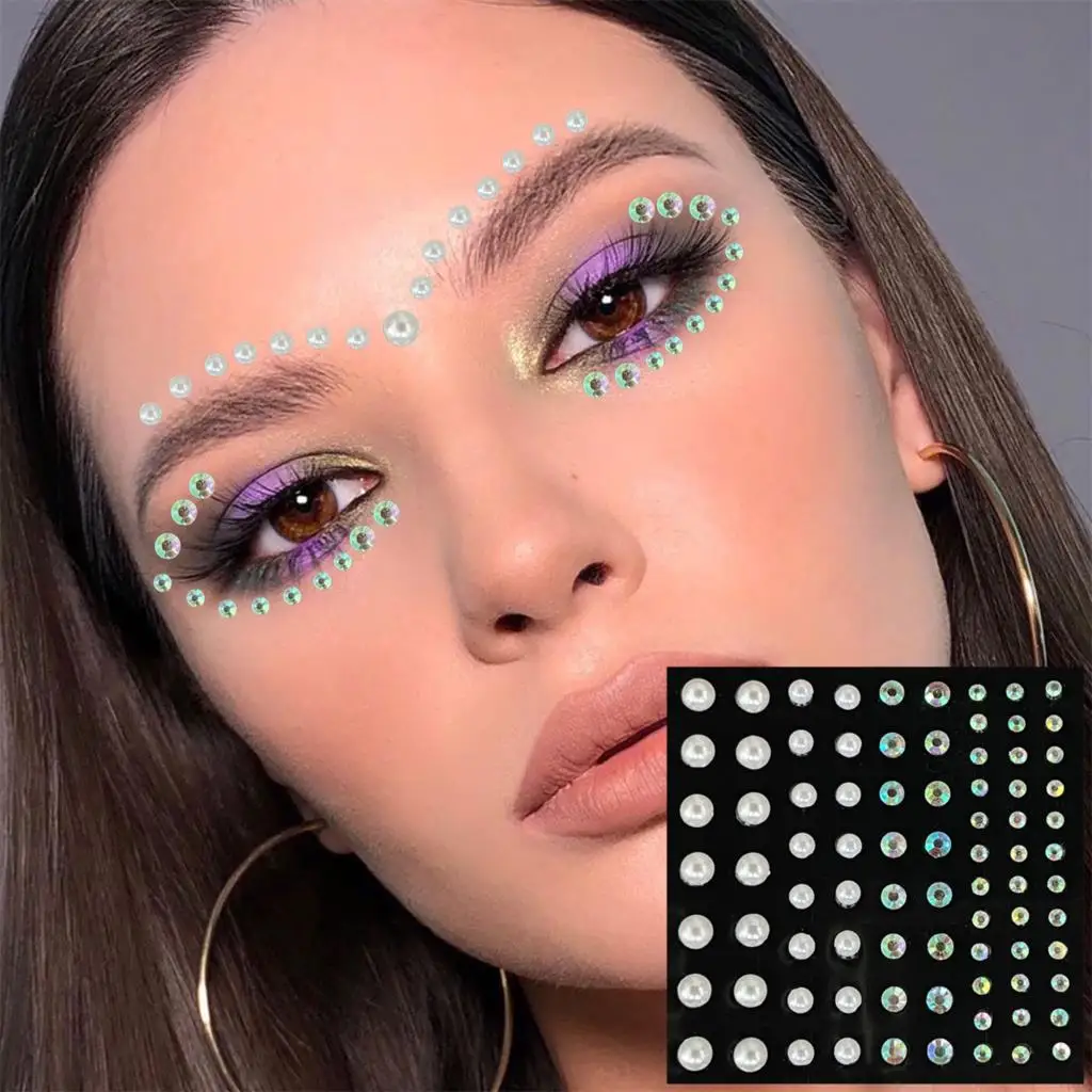Colorful Face Jewelry Temporary Tattoos Eye Eyebrow Bindi Dots Gems Sticker Shiny Rhinestones Pearl Makeup Jewels Halloween Rave