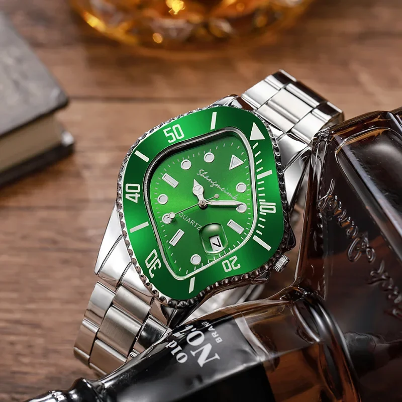 Watch for Men Irregular Twist Shaped Quartz Wristwatch Male Man Luxury Rhombic Green Calendar Wrist Watch Clock Reloj Hombre