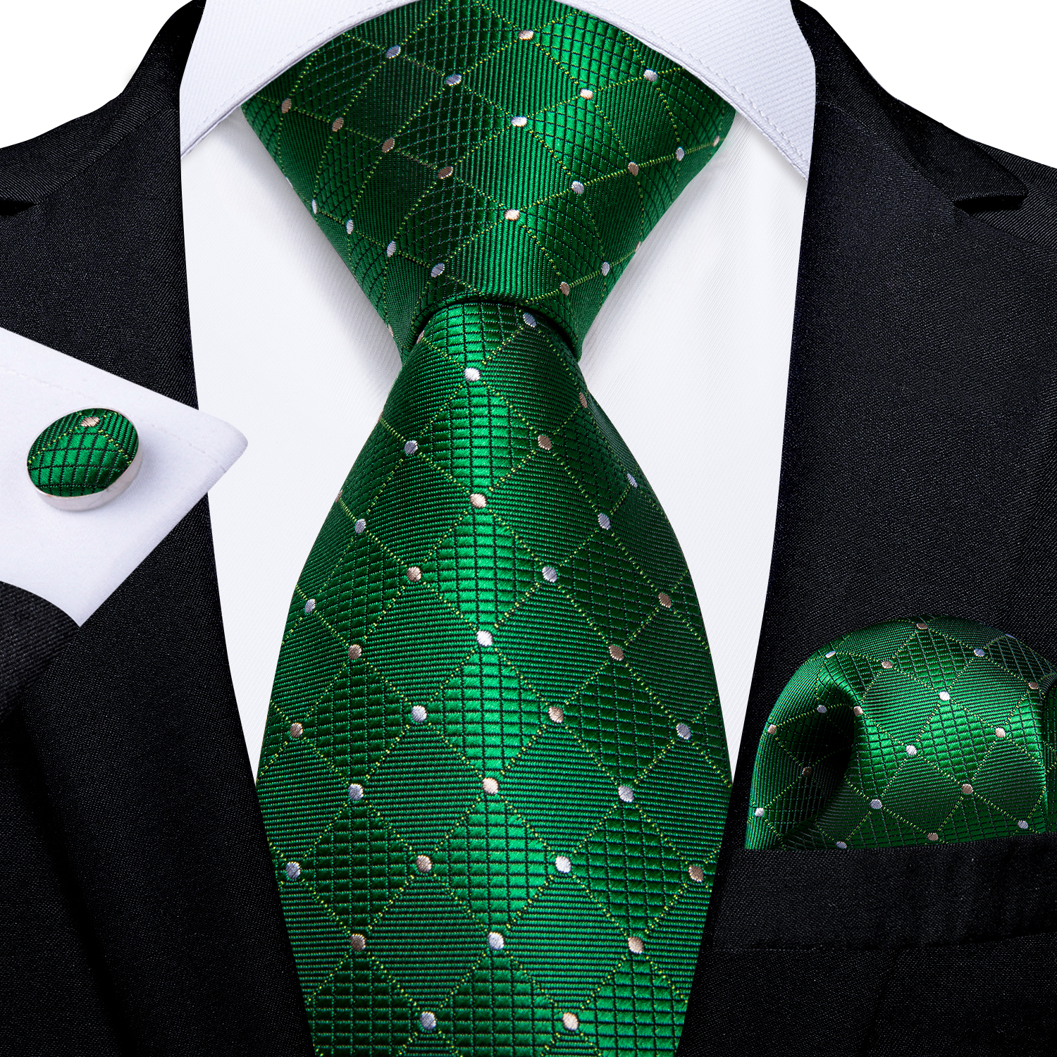 Green Blue Plaid Dot Designer Mens Silk Tie Set Handkerchief Cufflinks Luxury Wedding Party Neck Tie For Men Accessories Gift