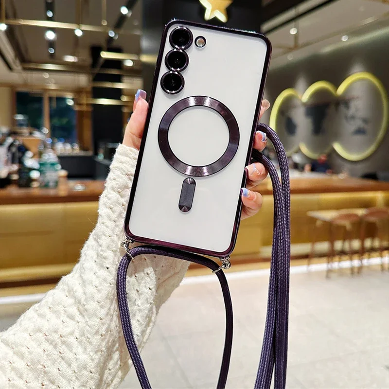 Crossbody Lanyard Magnetic Clear Case Samsung Galaxy S24 S23 S22 S21 FE Ultra Plus For Magsafe Electroplated Soft TPU Cover