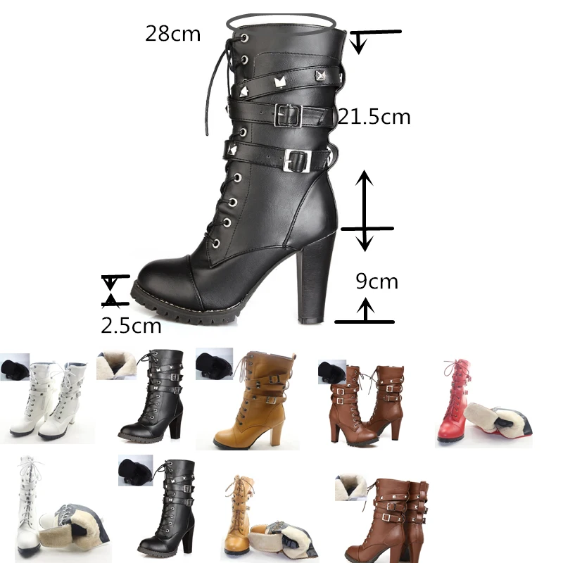 REAVE CAT Women Mid Calf Boots Thick High Heels Round Platform Buckle Zipper Rivets Lace Up Leather Botas Winter Fur 43 QA3646