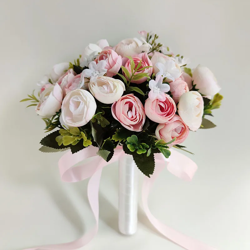 Pink Wedding Flowers for Bridesmaid Bride Bouquet Mariage Accessories Small Silk Roses Artificial Boutonniere Wrist Corsage Pins
