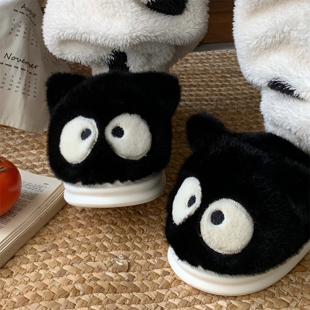 Big eyes small black cat Winter toe pack Warm cotton slippers Soft sole slip women indoor floor flat house non-slip shoes