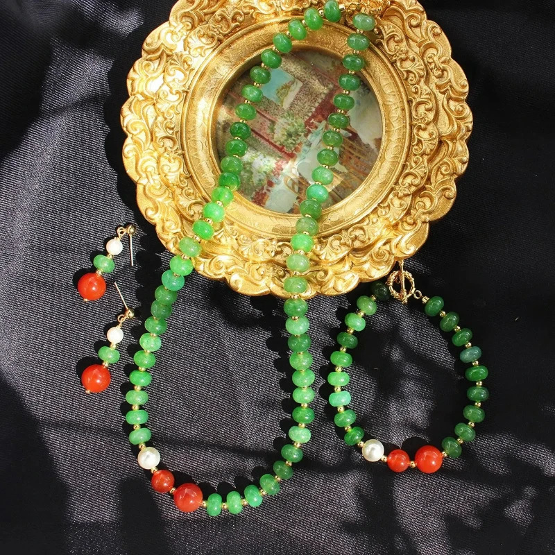 Classic Green Natural Stone Beads Chinese Style Necklace Vintage Red Agate Pearl Bracelet Earrings Jewelry Set Bead Chain 241031