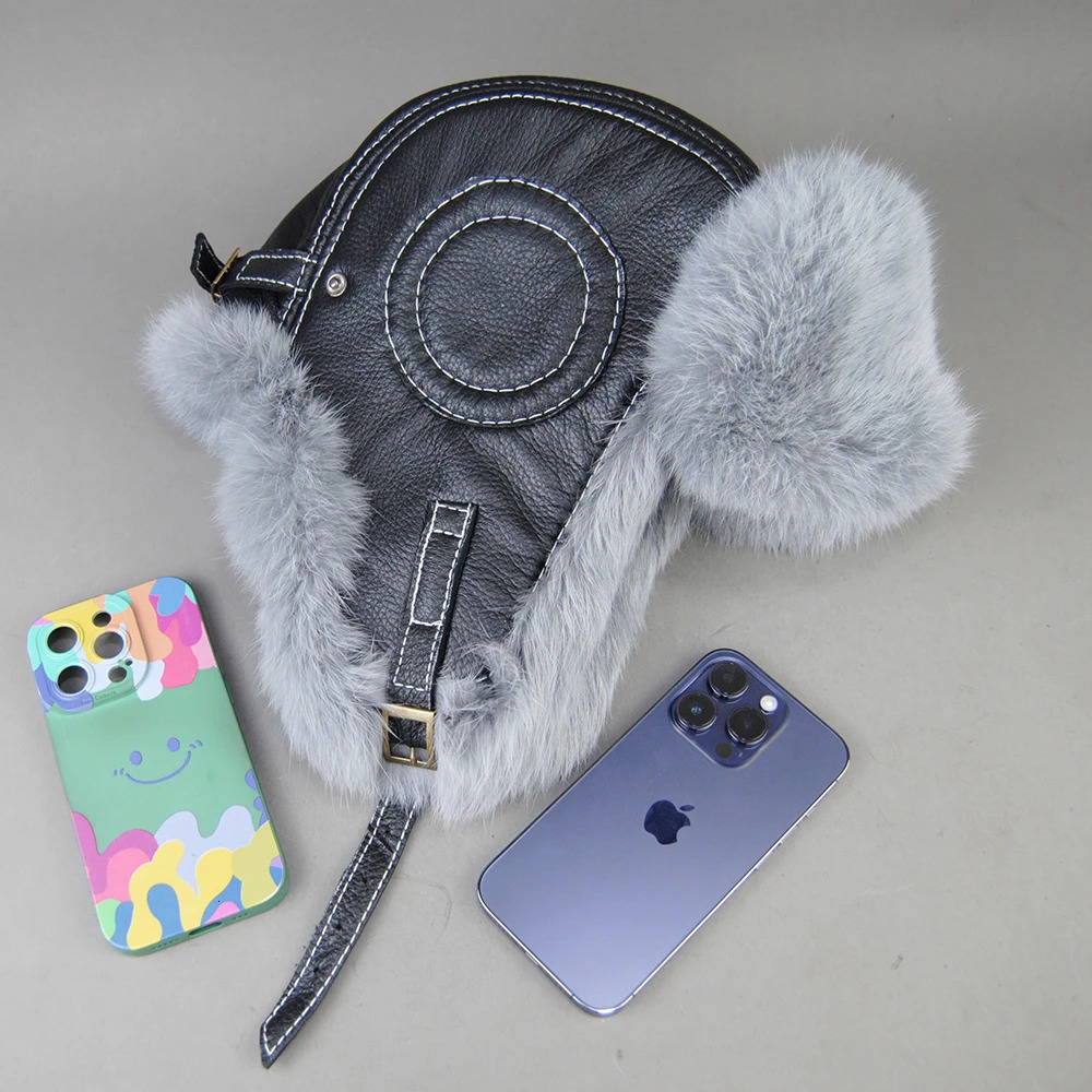Mens 100% Natural Rabbit Fur Bomber Hat Winter Russian Mens Warm Genuine Sheepskin Hat 241031