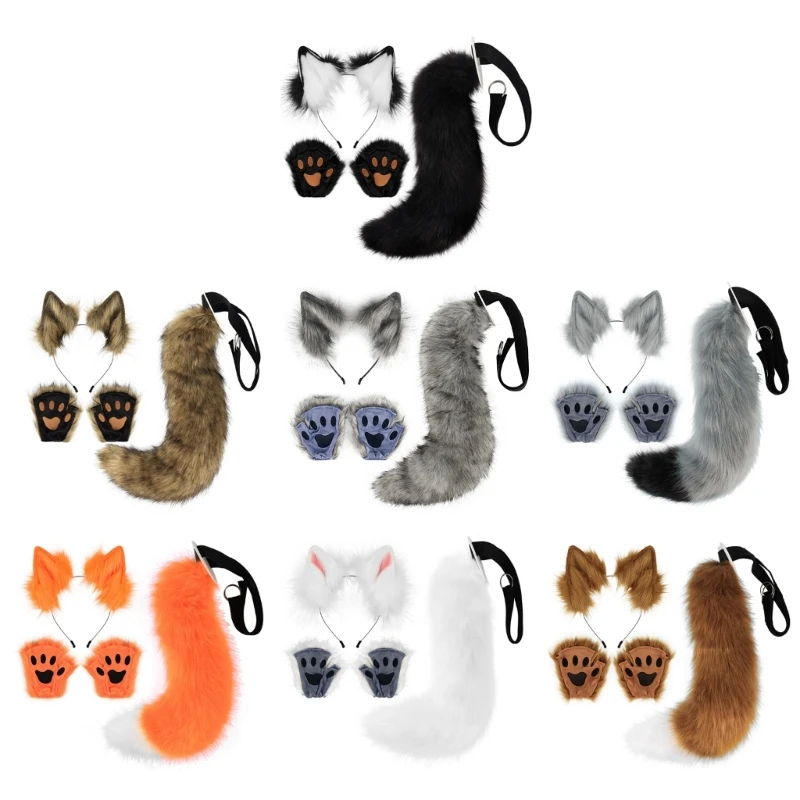 Fox Costume Set Fox Ears Headband Tail Fox Paw Gloves for Adult-Kids Halloween Christmas Animal Cosplay-Accessories Dropshipping