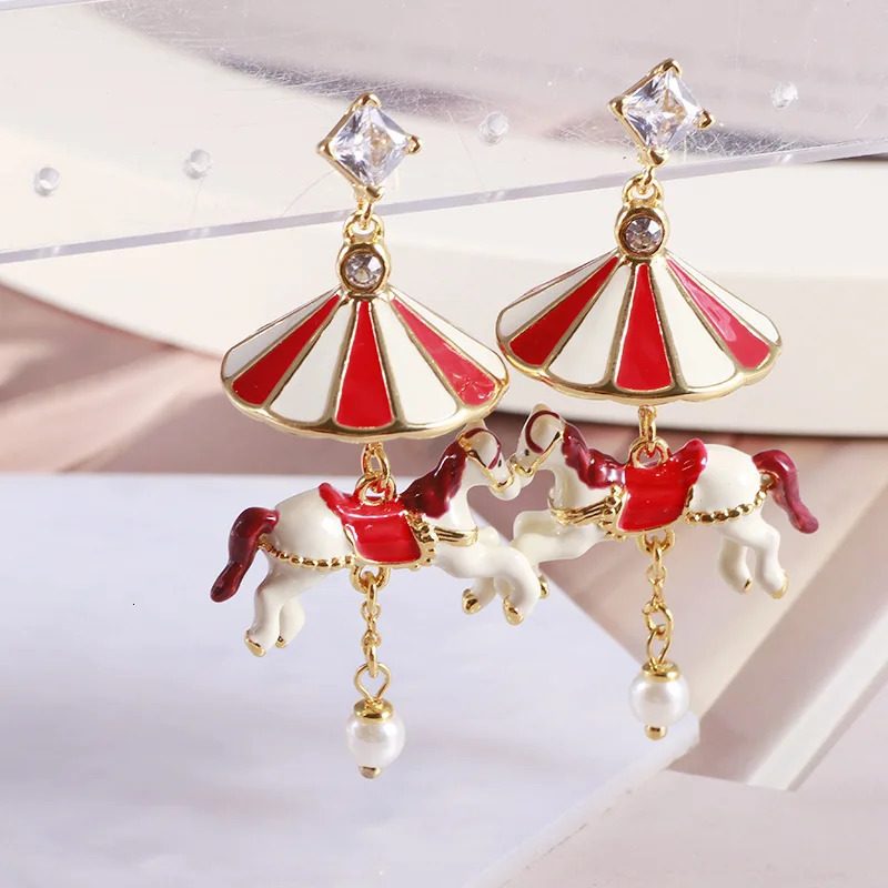 Trend Classic Hand drawn Enamel Carousel Pendant Earrings Christmas and Year Collection Fun Creative Charm Tassel Earrings 241031