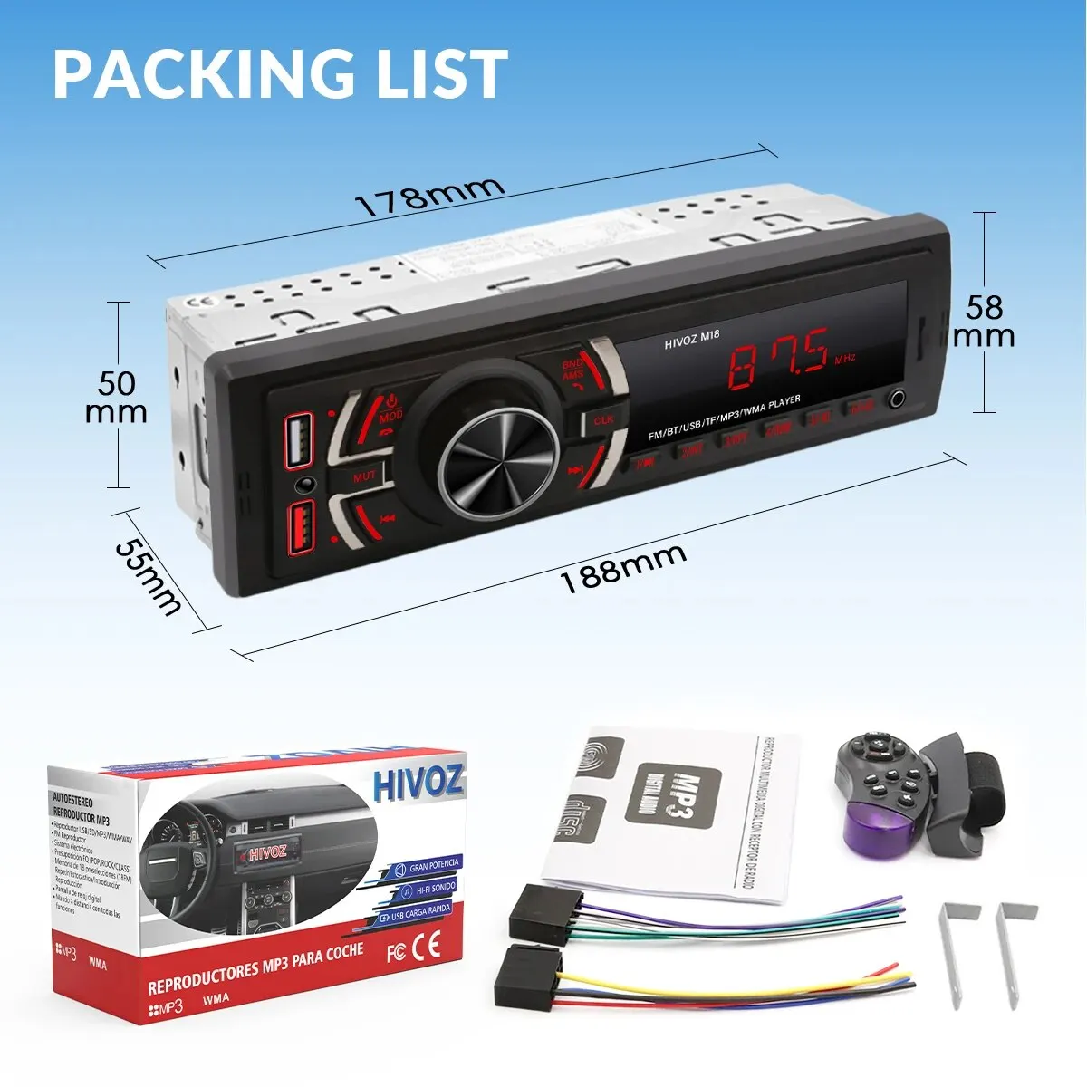 HIVOZ Car Stereo 1 Din Bluetooth MP3 Player 60Wx4 FM Radio Receiver with Remote Control BT/AUX/TF/USB Card In Dash