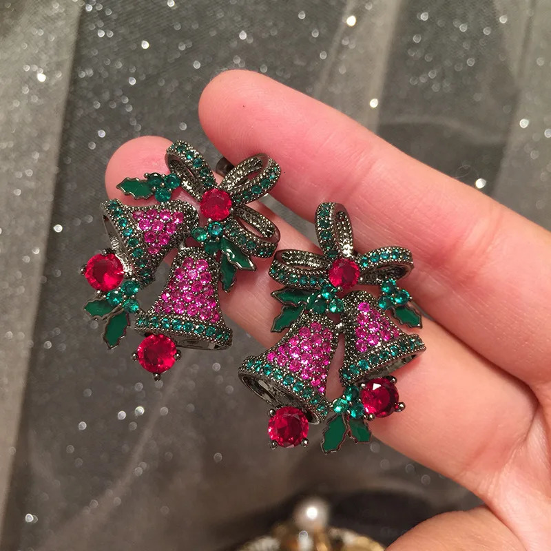 Bilincolor Red and Green Cubic Zirconia Fashion Bell Womens Christmas Earrings 241031