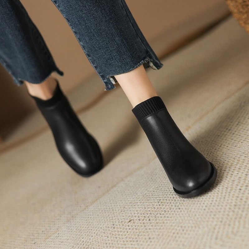 Women's Chunky 2023 Autumn/Winter Single Boot Round Toe Wool Mouth Heel Ankle Boots