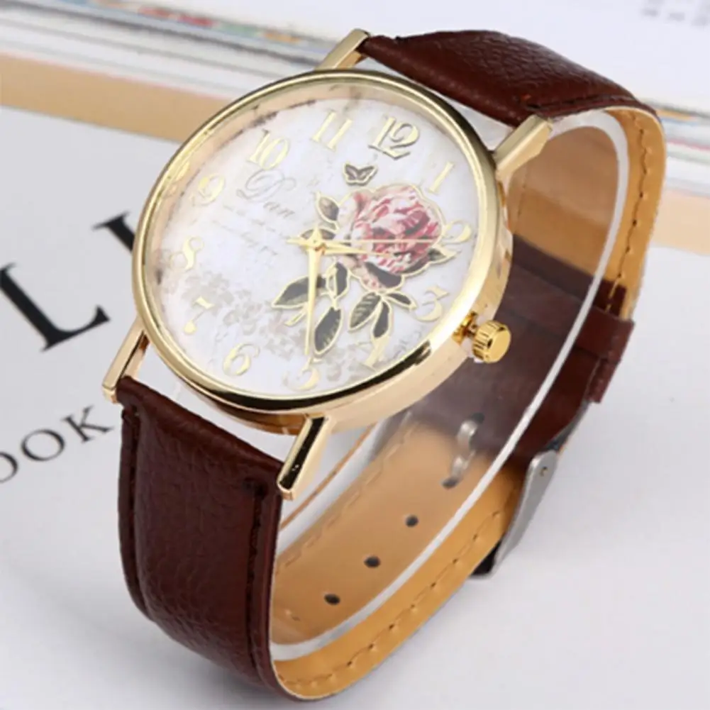 Luxury Brand Woman Watch Stylish Women Rose Pattern Watch Classic Round Dial Faux Leather Strap Quartz Movement Wrist Watch